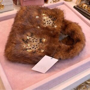 Zara Luxurious Brown Faux Fur Scarf with Gold Sequins
